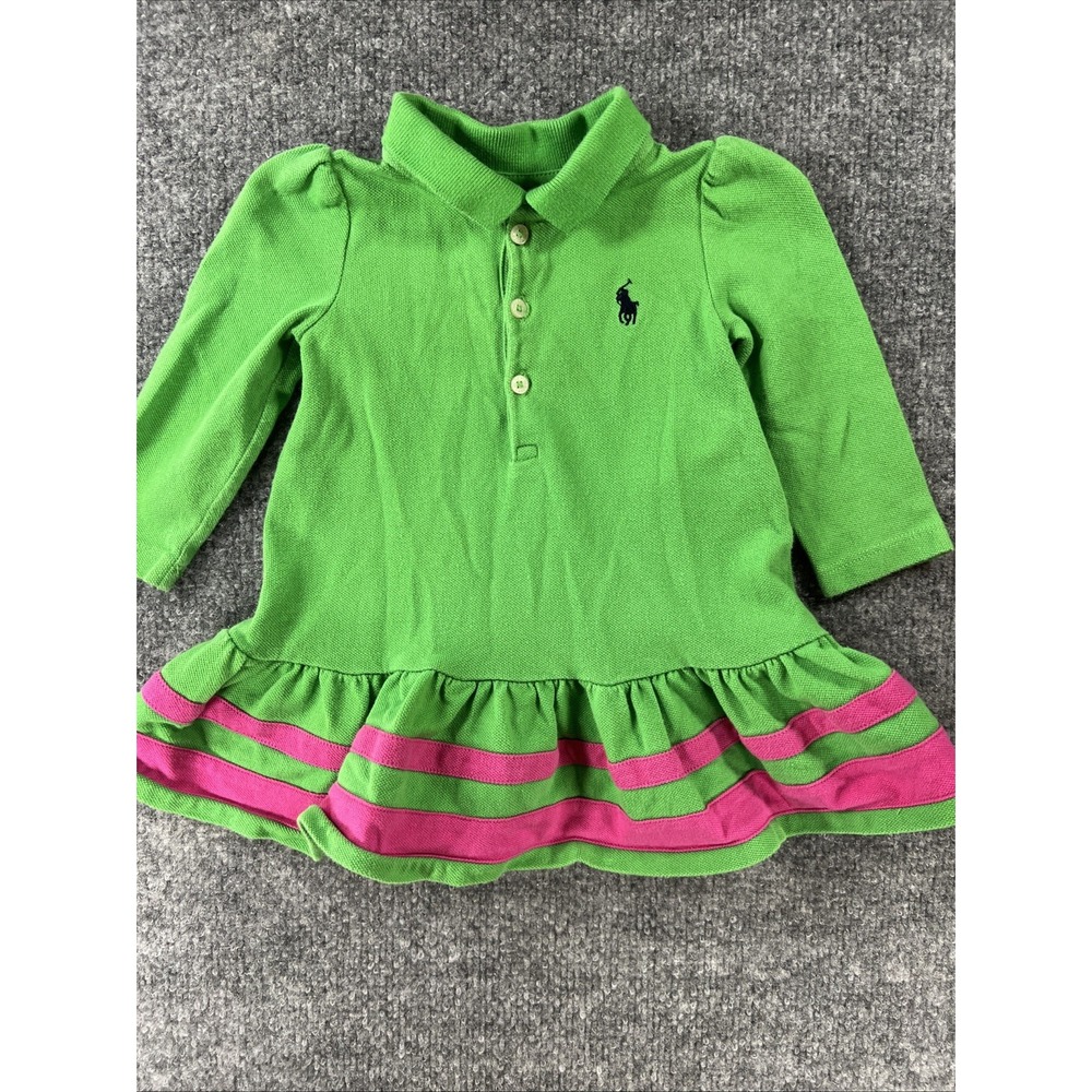Polo Ralph Lauren Baby Girls Green & Pink Ruffle Polo Dress - Size 9M